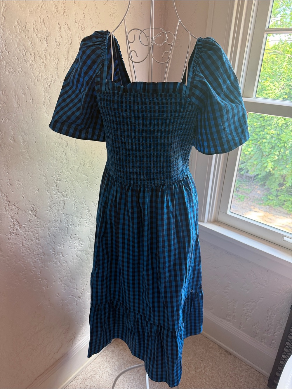 Draper James Blue and Black Gingham Smocked Midi Dress